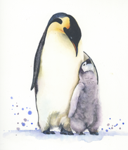 Painting of a penguin with a baby penguin by its side