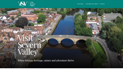 Screenshot of the home page of a new website about the Severn Valley, features aerial shot of a bridge