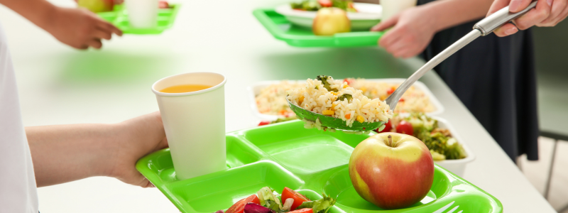 A young child holds a green food tray