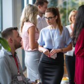 Two business people chat at a networking event