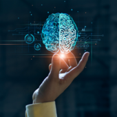 A human hand points to a digital brain