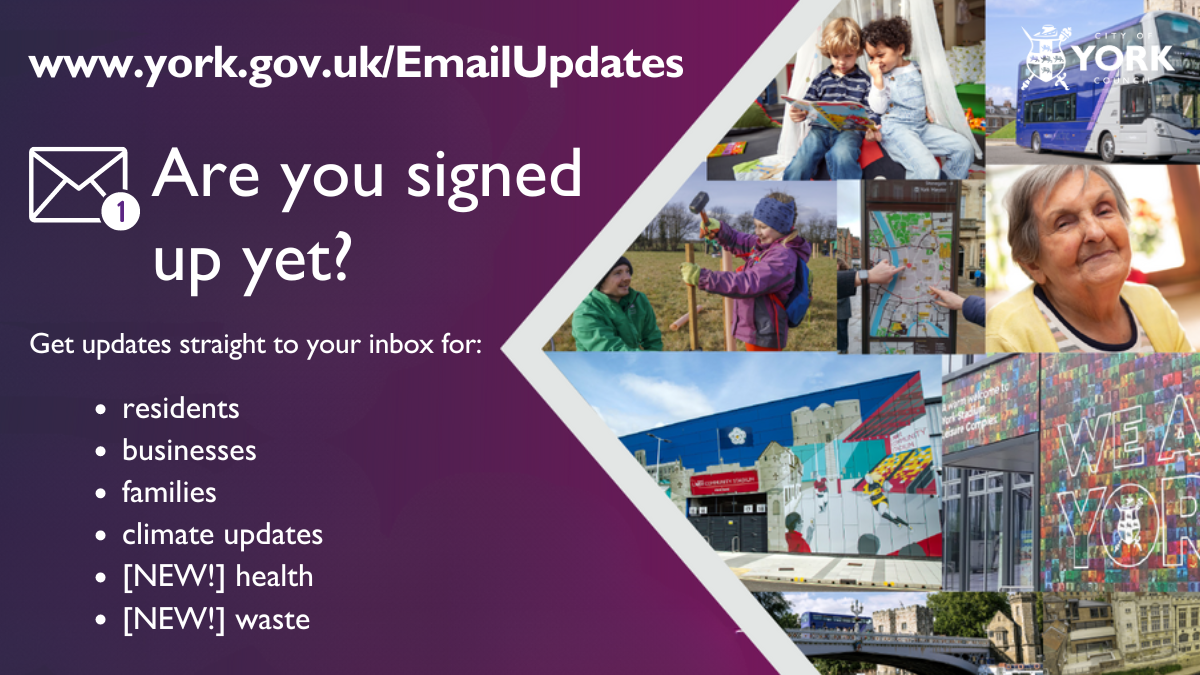 A brightly coloured graphic promoting the email updates from the council