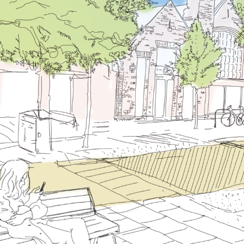 An artists impression of the potential designs for Acomb High Street with trees and green spaces