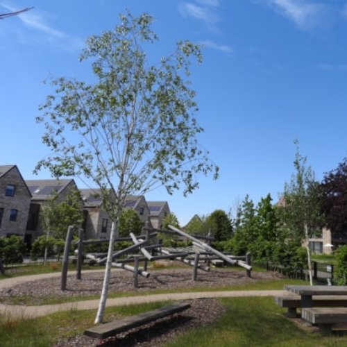 New homes built on Lowfield green in the background with a green space and picnic benches in the forground
