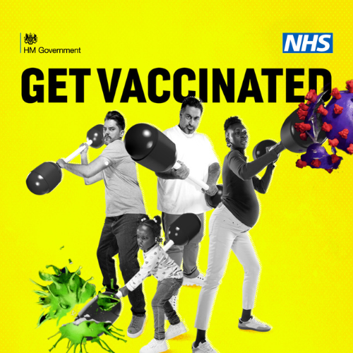 Image shows two men, a pregnant woman, and a young child with pugil sticks attacking viruses.