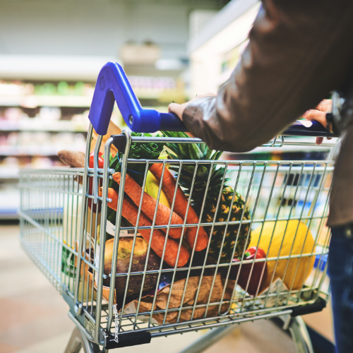 person pushing trolley in supermarket