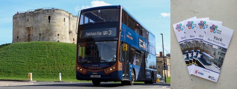 Image of a bus next to Clifford's Tower and a photo of the new route maps of York.