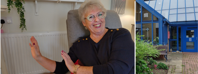 Woman warms her hands near a radiator, and the entrance to a building