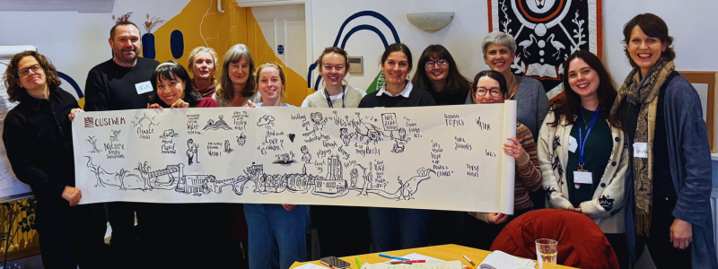 Teachers and workshop facilitators pose with a visual output of their workshop
