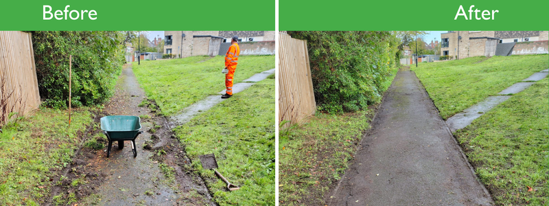 Two views of open space around council homes showing before improvements and after weeds and overgrowth have been cleared.