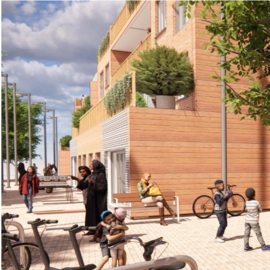 A visual of new homes and people enjoying the outside space