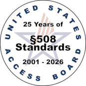 Text overlaying the Access Board logo reads:25 years of section 508 standards, 2001-2026.