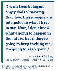 A white card with blue text with a quote from Mark Rolon, a New Hampshire Parent Leader.