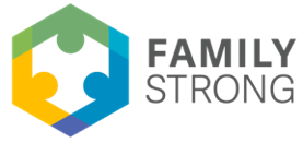 Hexagon logo in yellow, blue, and green with words "Family Strong"