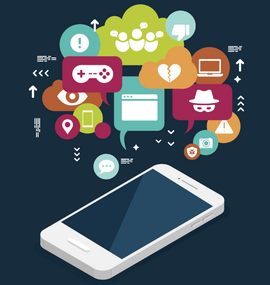 Smartphone showing message bubbles with icons relevant to internet safety.