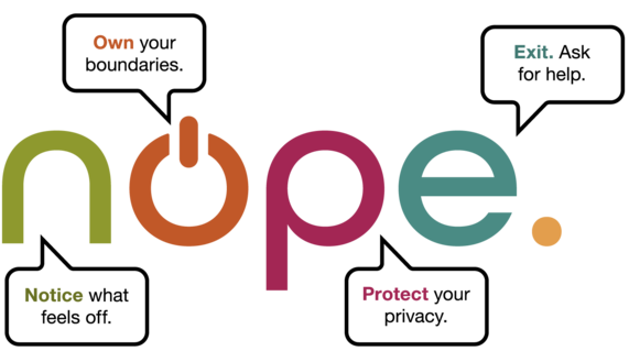 NOPE logo with text: Notice what feels off. Own your boundaries. Protect your privacy. Exit. Ask for Help.