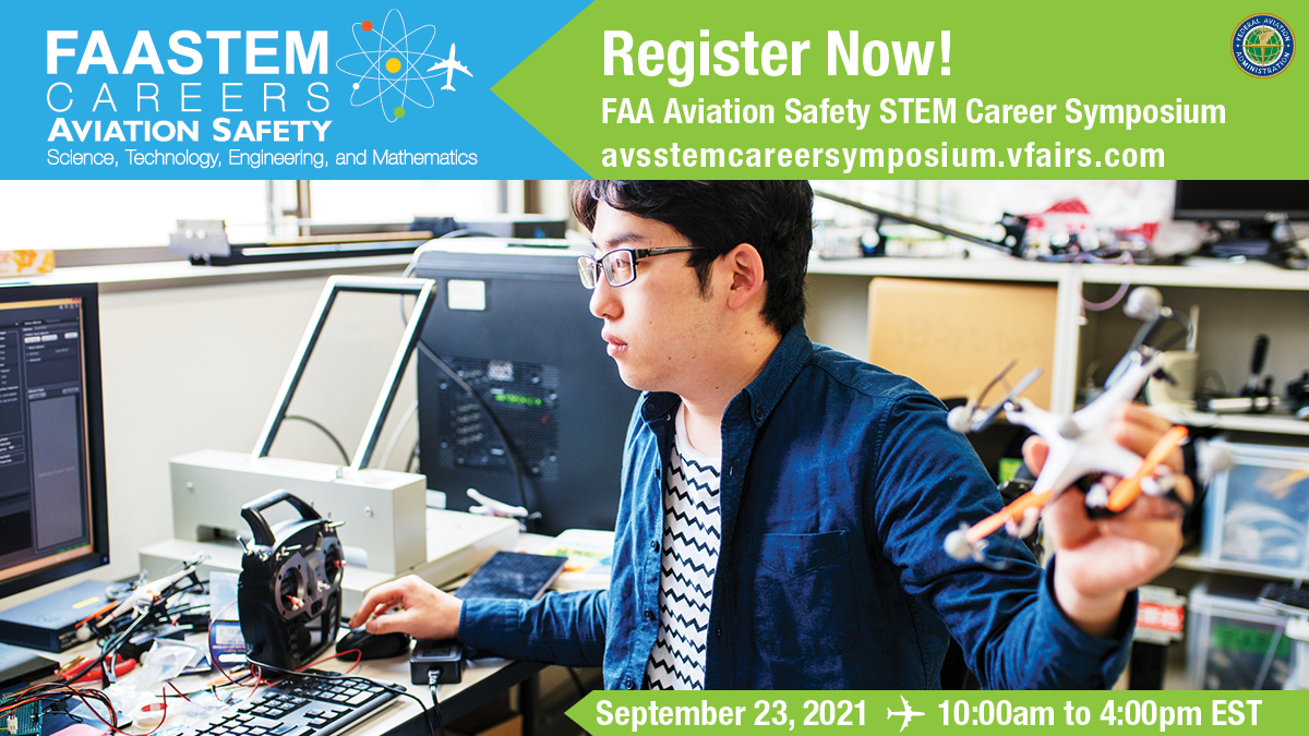 AVS STEM Symposium Banner - Student at desk on computer and holding drone