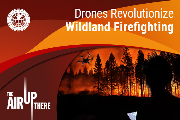 The Air Up There - Drones Revolutionize Wildland Firefighting Banner - Forest Fire with Drone Flying Overhead in Background