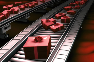 AdobeStock AI image of red boxes with flowers on a conveyer belt