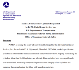 Screen shot of PHMSA's Safety Advisory Notice Cylinders Requalified