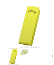 Image of the recalled rectangular yellow battery with the black lettering that reads "pixy"