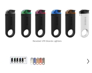 Images of two rows of VPR recalled lighters of various colors that have “DISSIM” imprinted on one side and are 3.5 inches by 1 inch in size