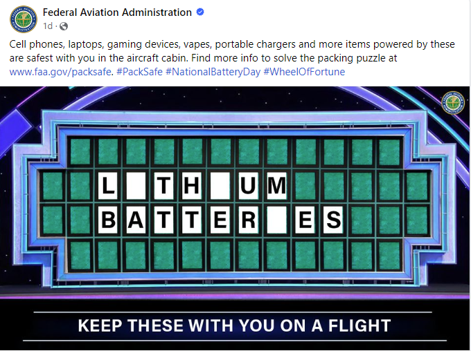 Image of a Wheel of Fortune game board feature the word Lithium Batteries, with letters missing and the caption "Keep These With Your On A Flight"