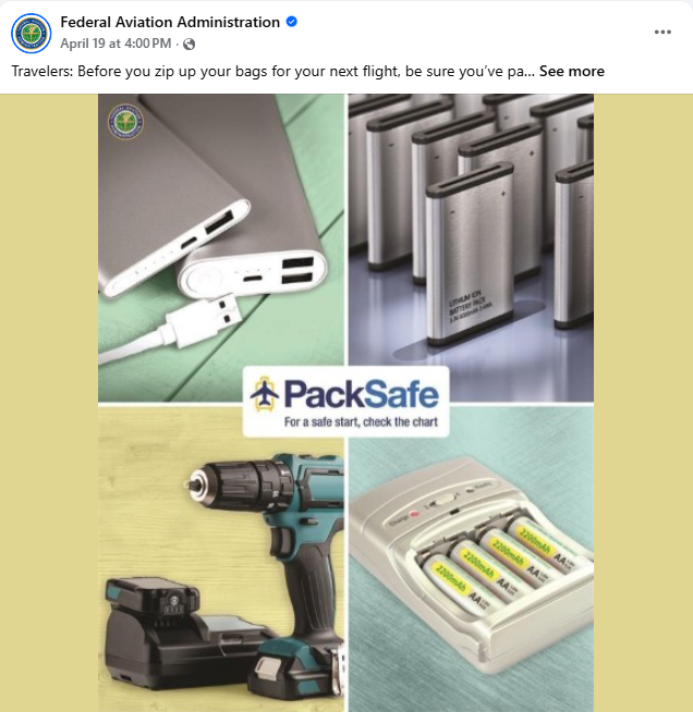 PackSafe - Lithium battery electronic devices must be in carry-on luggage