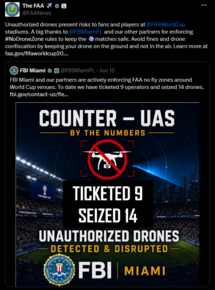 A screenshot of an X post from FBI on unauthorized drone detections near World Cup matches
