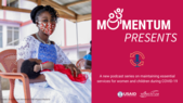 MOMENTUM Presents Podcast visual with mask-wearing mom holding a baby.