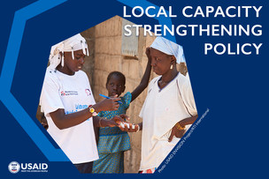 Blue graphic featuring USAID logo titled Local Capacity Strengthening Policy with image of Senegalese health workers centered in hexagon.