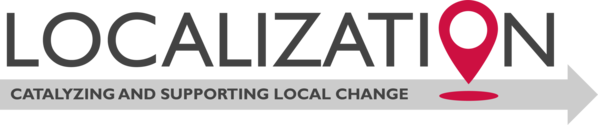 Localization banner, with a map pin for the second O and an arrow pointing right reading "Catalyzing and supporting local change"