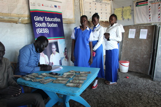 Some of the girls who benefit from cash assistance to help keep them in school, through the Girls Education South Sudan activity. 