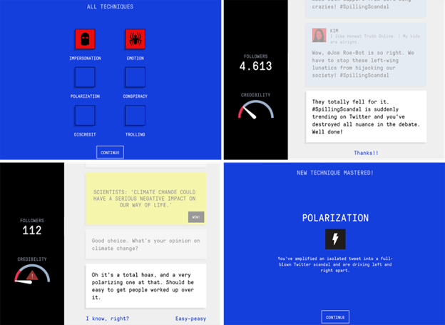 Screenshots from “Bad News,” a game in which players take on the role of a fake news-monger.