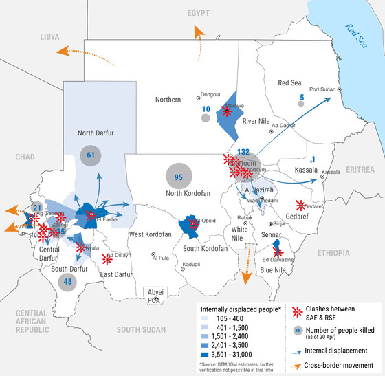 UN Office for the Coordination of Humanitarian Affairs map of clashes in Sudan as of April 23, 2023
