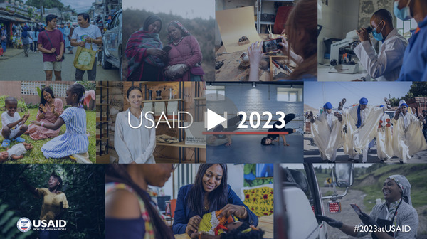 Collage of photos with text reading "USAID in 2023" on top. 