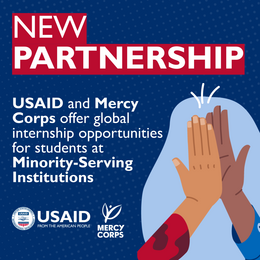 An illustration of two hands hi-five on a blue background. White text on a red background reads NEW PARTNERSHIP.