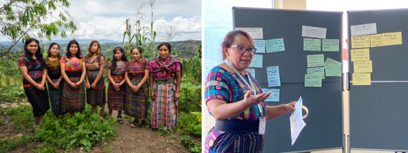 Photo collage including 7 Guatemalan women outside and an indigenous woman presenting in front of a board
