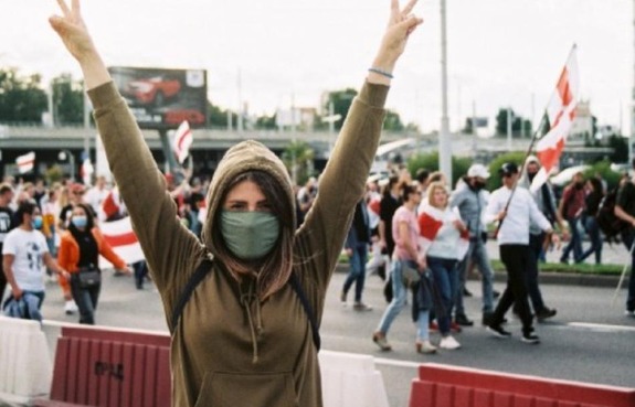 A pro-democracy protestor in Belarus