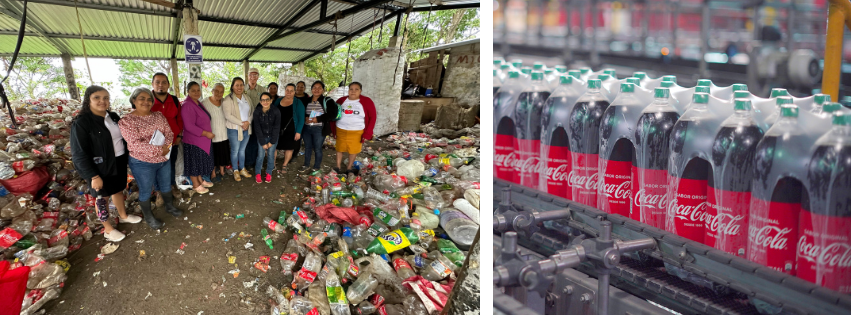 Photo collage; group under a tin roof surrounded by used bottles; bottles labeled “Coca-Cola” with markings in Spanish pass through machinery.