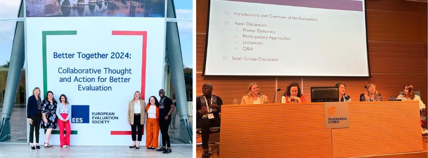 Collage; left: 6 people pose by a large banner with conference name; right: 6 people sit at a long wooden table under a screen with a presentation.