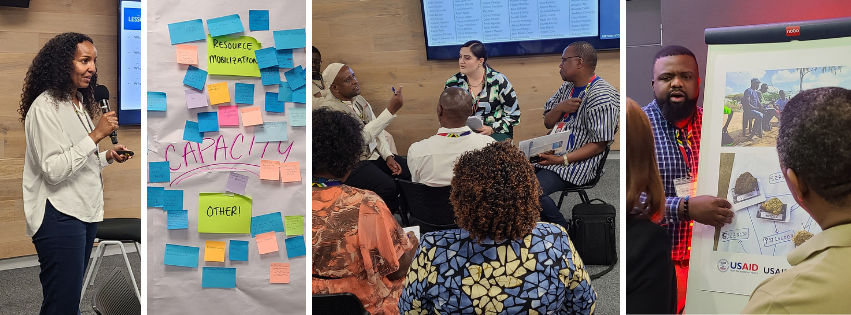 From left: woman speaks into a microphone; chart with notes around word “capacity;” 4 people sit in a circle; man speaks and gestures to poster.