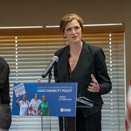 USAID Administrator Samantha Power speaks at a podium