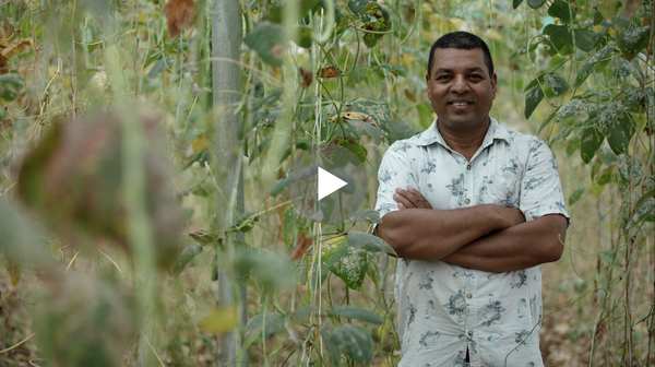 Video screenshot of a smiling man with crossed arms in a white shirt surrounded by greenery.