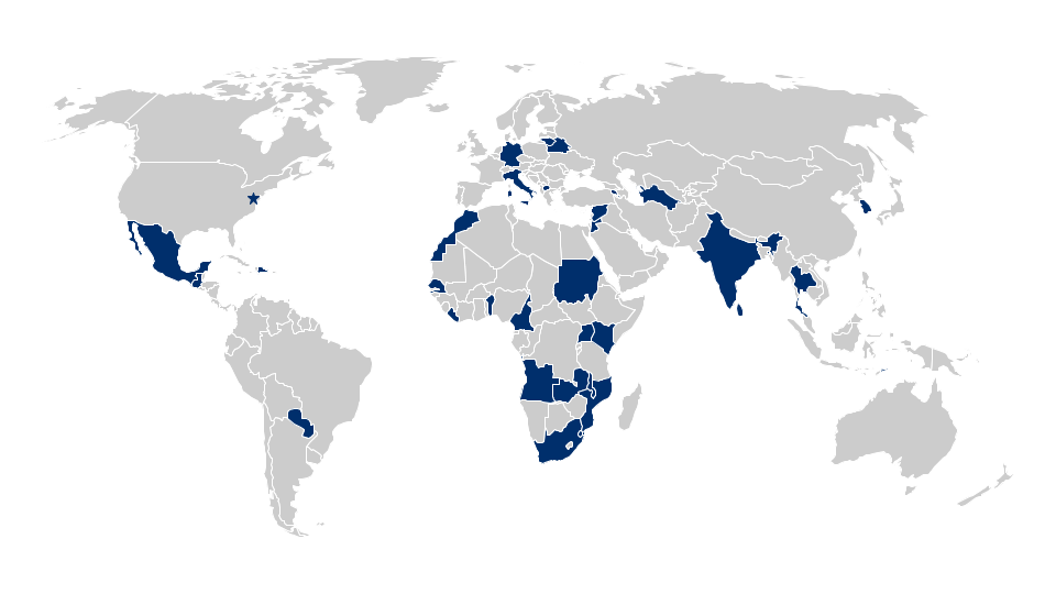 Gray world map with 31 countries highlighted in navy across Africa, Asia, Europe, North America, and South America.
