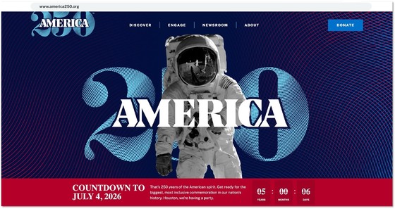 America250 website homepage screenshot featuring the America250 logo with Apollo 11 astronaut. 