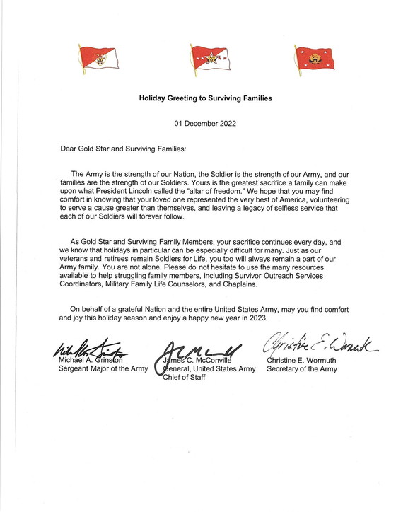 Holiday Letter to Survivors from the Secretary of the Army, Chief of Staff of the Army and Sergeant Major of the Army