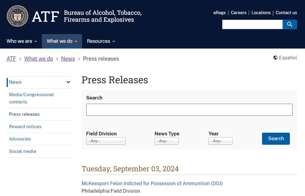 Screenshot of Press Releases homepage on ATF.gov