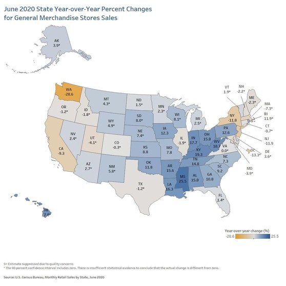 June 2020 State Year Over Year Percent Changes for General Merchandise Store Sales