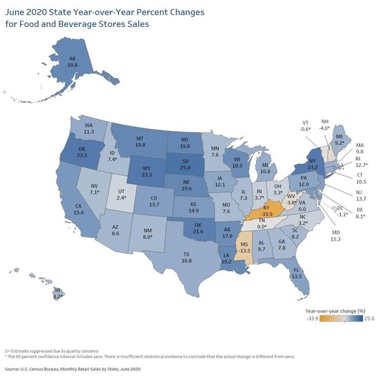 June 2020 State Year Over Year Percent Changes for Food and Beverage Store Sales